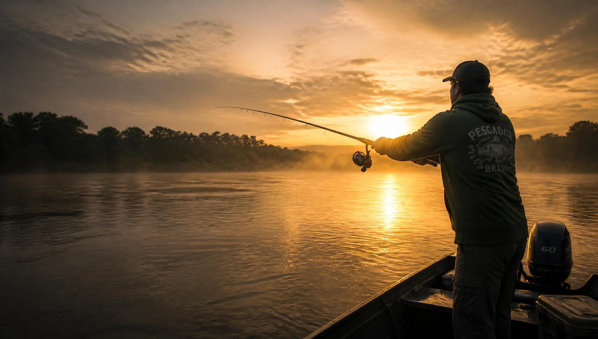 Pescador lançando a linha ao amanhecer